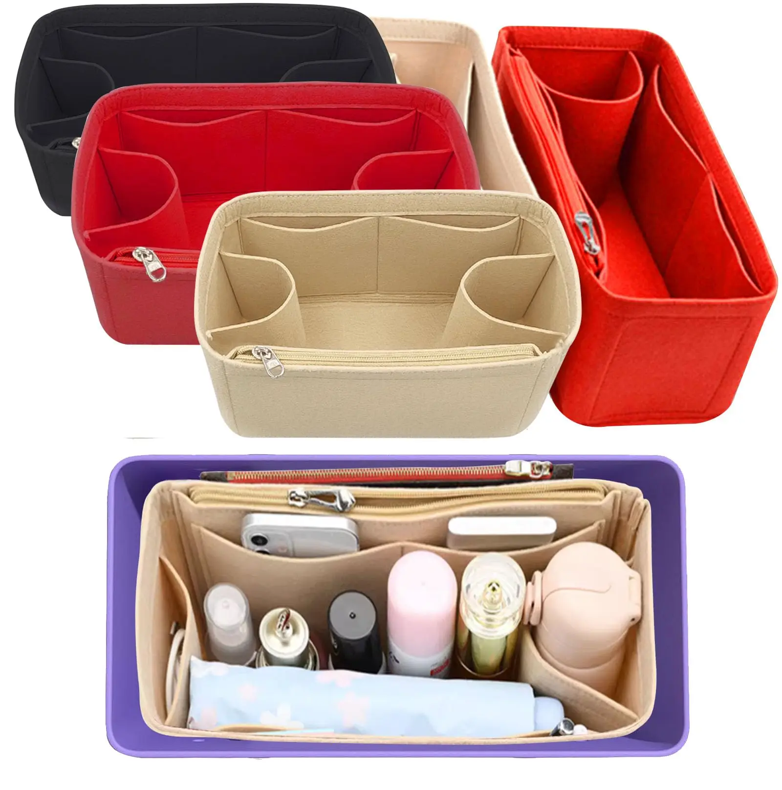 Rubber Beach Bag Organizer Liner Compatible with Bogg Bag/Simply Southern Tote, Felt Insert Divider Pouch Zipper for Bags Access