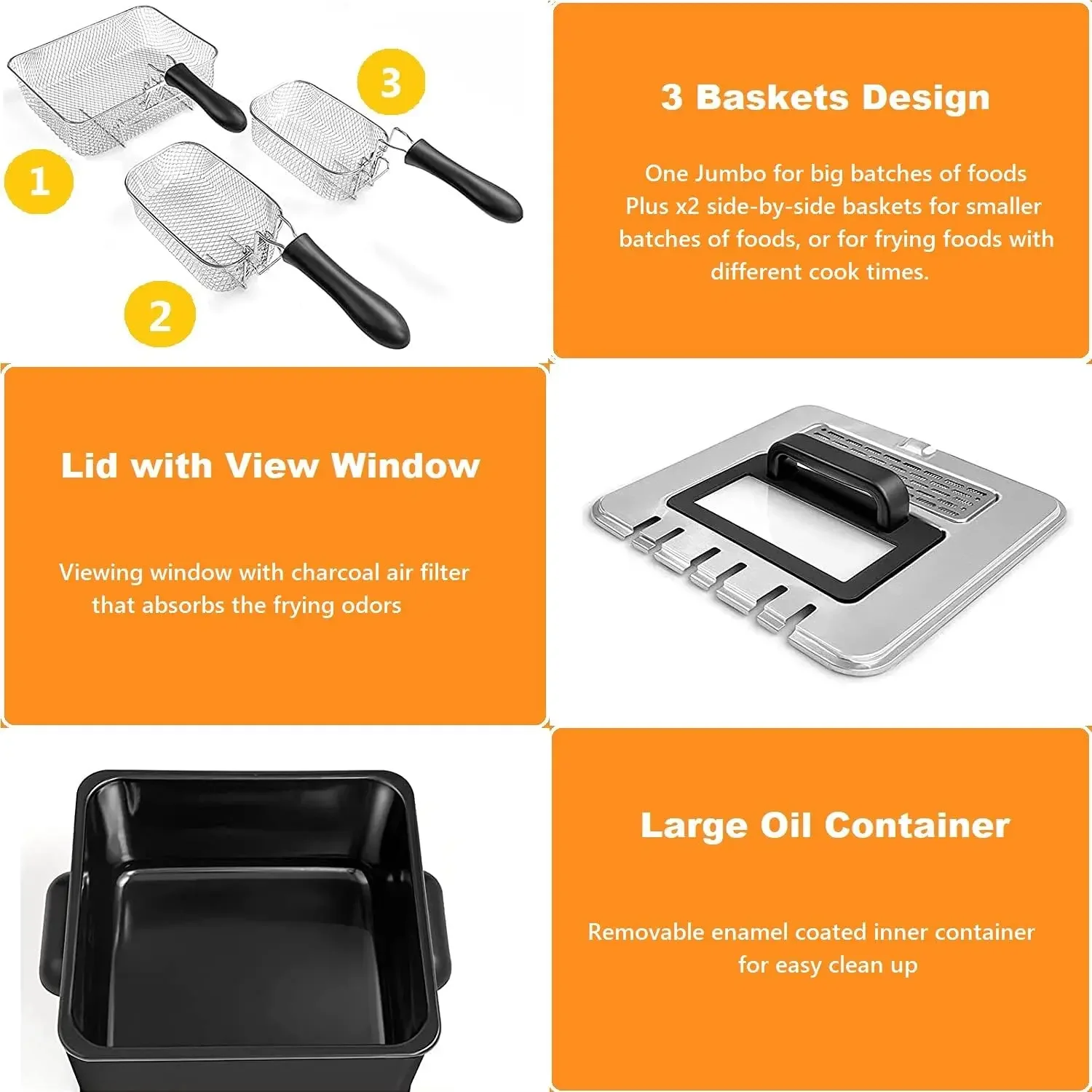 Electric Deep Fryer with 3 Baskets, 5L Stainless Steel Deep Fryer w/60 timer & Lid with view window, Home Countertop 6