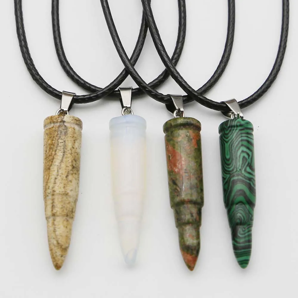 Selling Natural Stone Cone Bullet Pendant Leather Rope Necklace Crystal Agate Reiki Healing Charms Accessories Jewelry Gift 8PCS