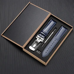 Luxury Genuine Leather Watchband - Men's and Women's Business Wristwatch Strap with Gift Box - 22mm (Blue)