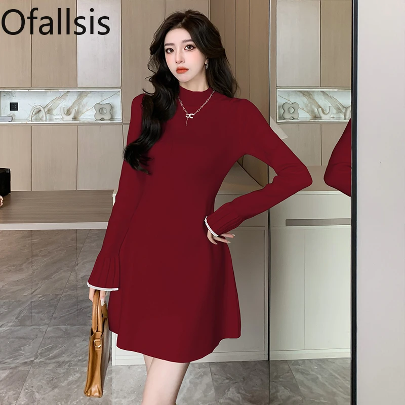

Женское трикотажное платье-трапеция Ofallsis, облегающее ТРАПЕЦИЕВИДНОЕ ПЛАТЬЕ во французском стиле с высоким воротником, короткое платье для осени и зимы, 2024