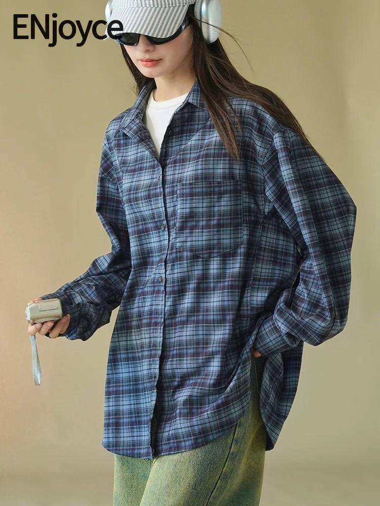 

Женская винтажная рубашка в клетку ENjoyce, Повседневная Свободная Длинная блузка в Корейском стиле, уличная одежда, Y2K, весна 2024, гавайские рубашки женские