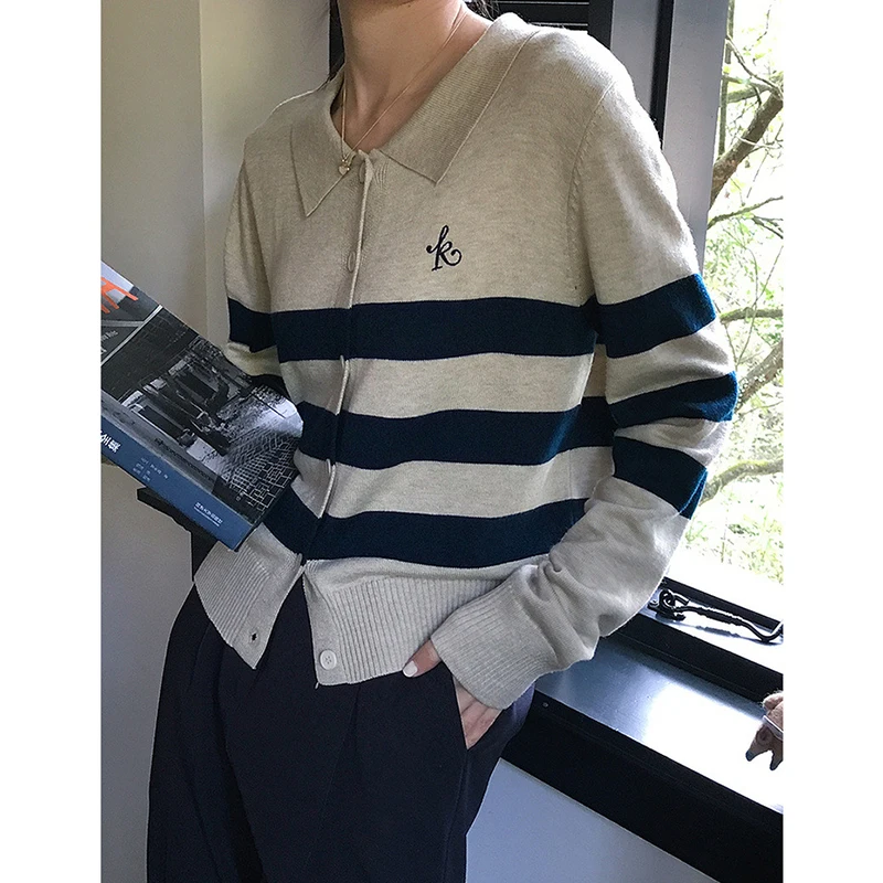 

Fashion Lapel Striped Cardigan Woman Slim Fit Color Contrast Knit Sweater Women's Casual Single Breasted Coat Ladies 2023 New