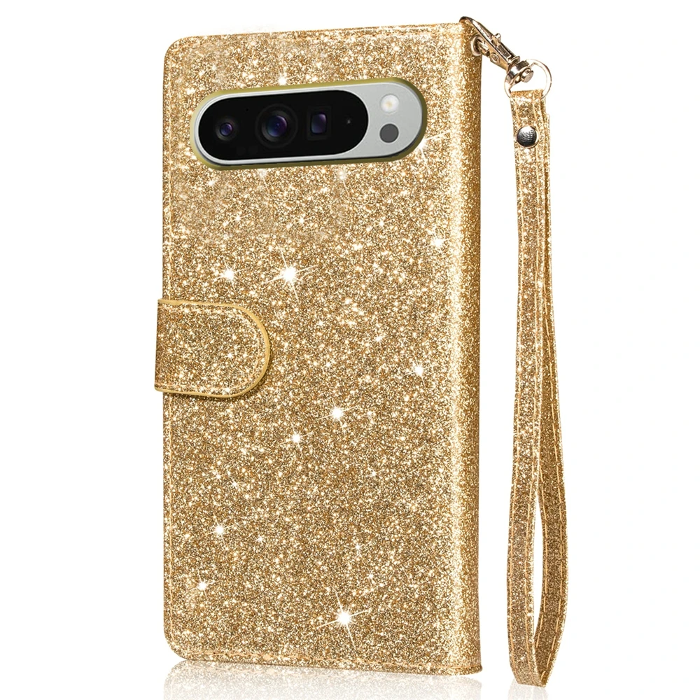 Glitter Wrist Strap Leather Flip Kickstand Wallet Phone Case with Card Holder