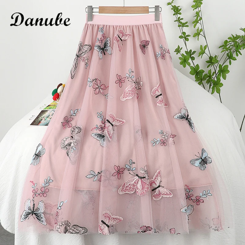 

Vintage Butterfly Embroidery Long Tulle Skirt For Women Summer Korean Gothic Elastic High Waist A-Line Mesh Pleated Skirt Female