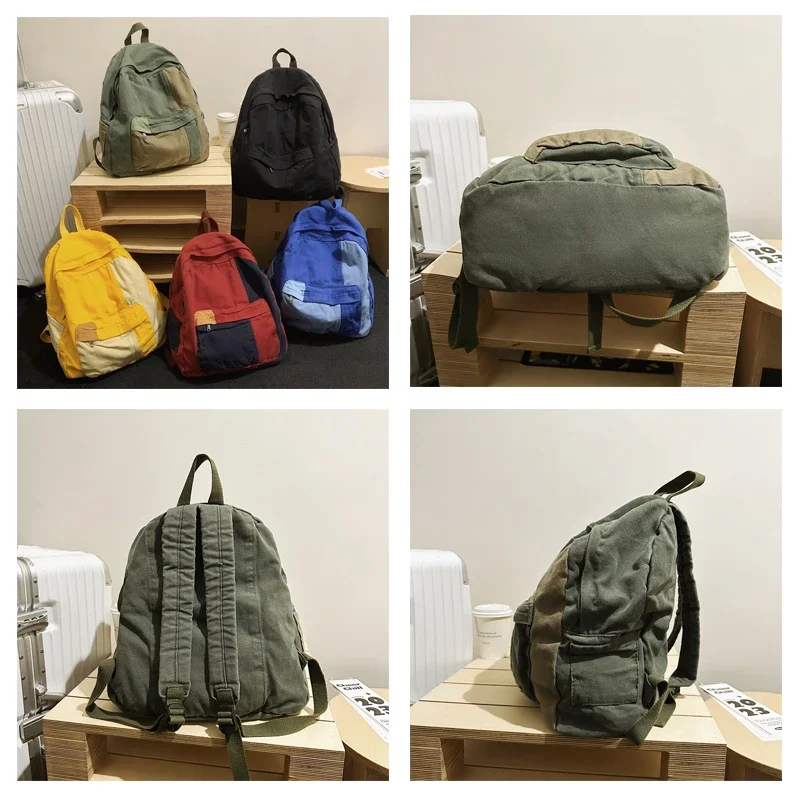 Canvas Women's Backpack Vintage Shoulders Bag College Knapsack Patchwork Packbag Travel Rucksack Student Mochila Y2K Book Bag 4