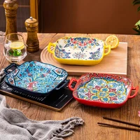 1 piece of 9-inch Bohemian style salad plate with double ear ceramic pasta dish, can be used for oven, microwave 3