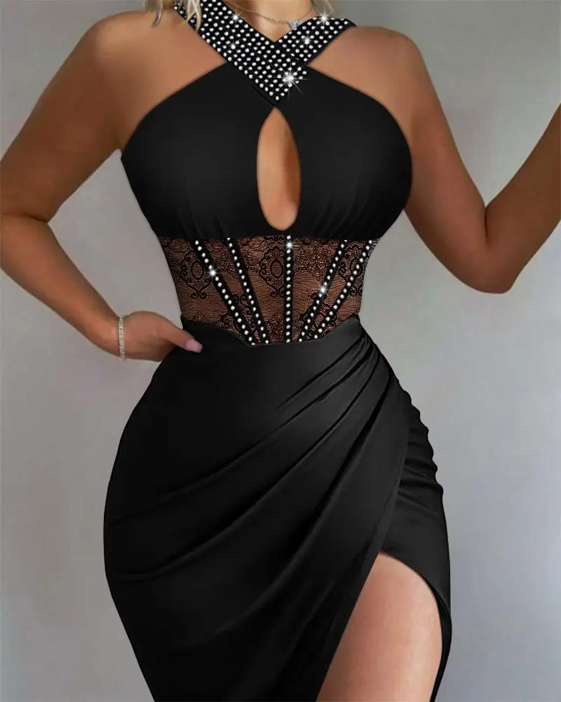 

Women Summer Satin Ruched High Slit Corset Party Dress Femme Sexy V-Neck Midi Spaghetti Strap Dress Night Out Outfits Clothing