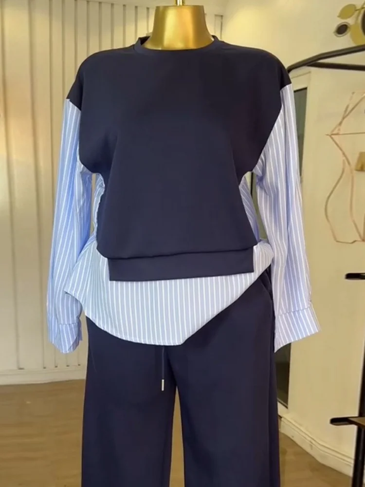 Wmstar Two Piece Set Women Wholesale Woman 2025 Summer New Fashion Round Neck Striped Top High Waisted Trousers Casual Suit