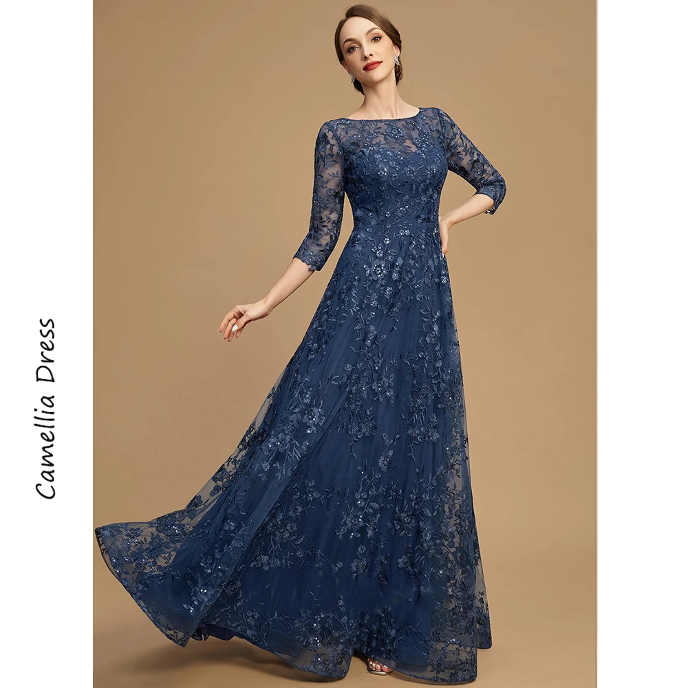 Mother bride dresses Women party dresses A-line Evening Scoop Illusion Dress Lace Sequins