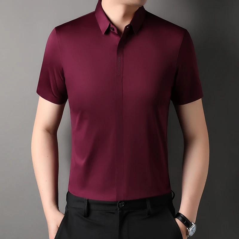 Burgundy-Smooth-Satin-Mens-Classic-Shirts-Business-Gents-Casual-Silk ...