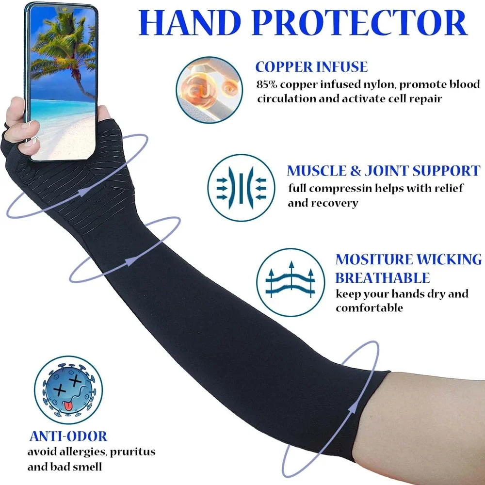Copper Long Arthritis Gloves Long Wrist Compression Arm Sleeve Carpal Tunnel Fingerless Hand Gloves 1Pair For Men Women