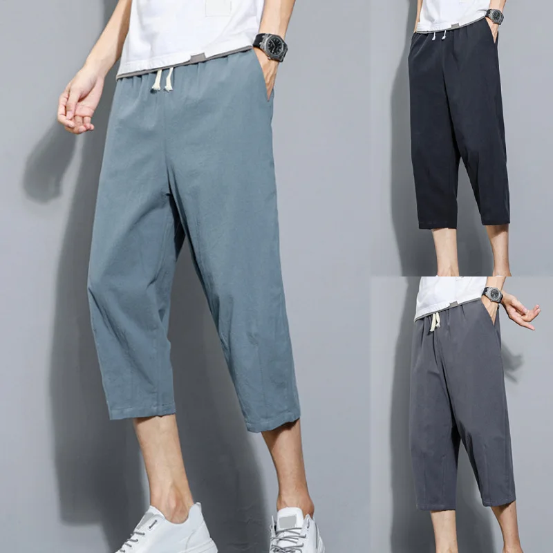 

Chinese Style Multiple Pockets Seven-cent Trousers Men Loose Summer Cotton Hemp Capris Japanese Thin Casual Pants Solid Shorts