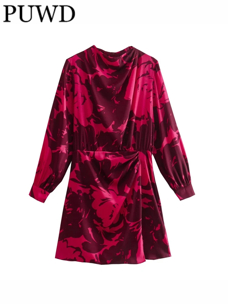 

PUWD Women Fashion Red Satin Textured Mini Dress 2023 Spring Vintage O Neck Back Zipper Long Sleeves Female Dress Vestidos Mujer