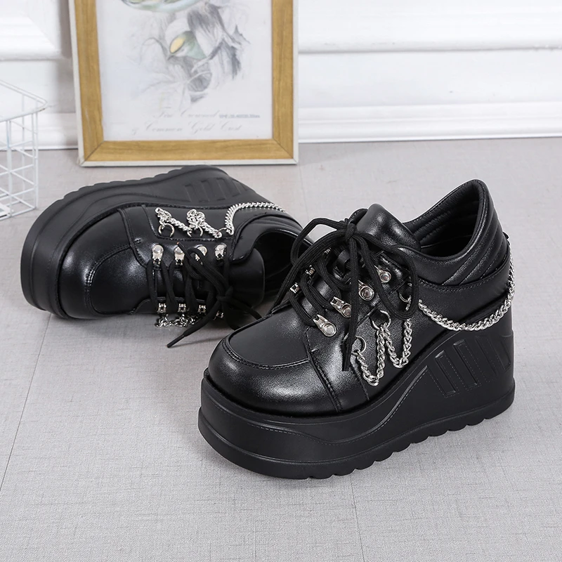 2023 nowy rozmiar 42 czarny Lace Up klamra kliny platformy kobiet Sneakers grubym dnem mody Gothic Punk buty