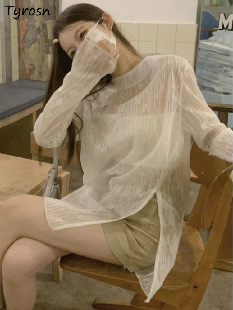 

Футболки женские свободные для отдыха Летние прозрачные модные солнцезащитные универсальные Стильные Простые однотонные элегантные удобные с Боковым Разрезом в Корейском стиле