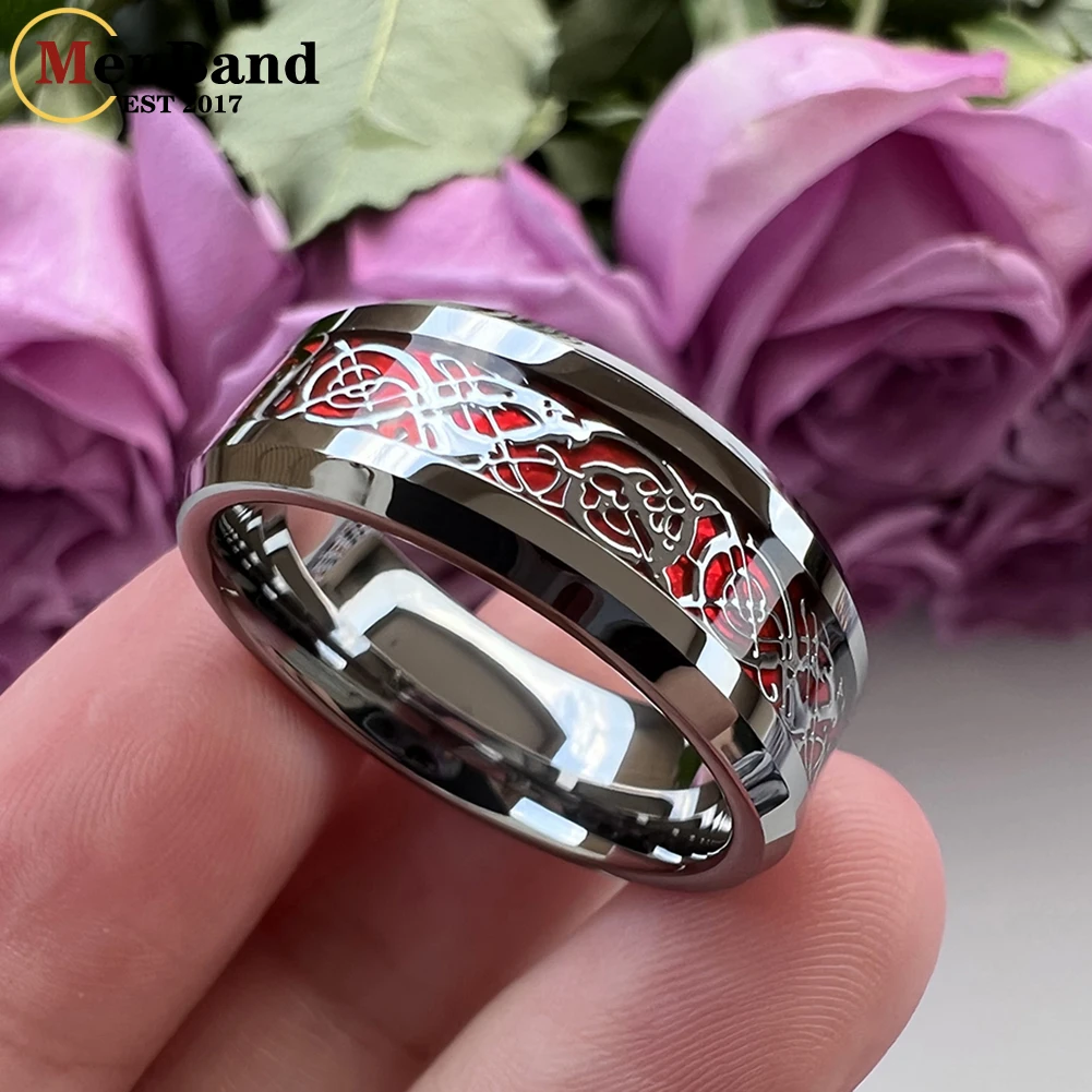 MenBand New style 8MM Tungsten Carbide Wedding Band Rings red Color Dragon And Silver Carbon Fiber Inlay Comfort Fit