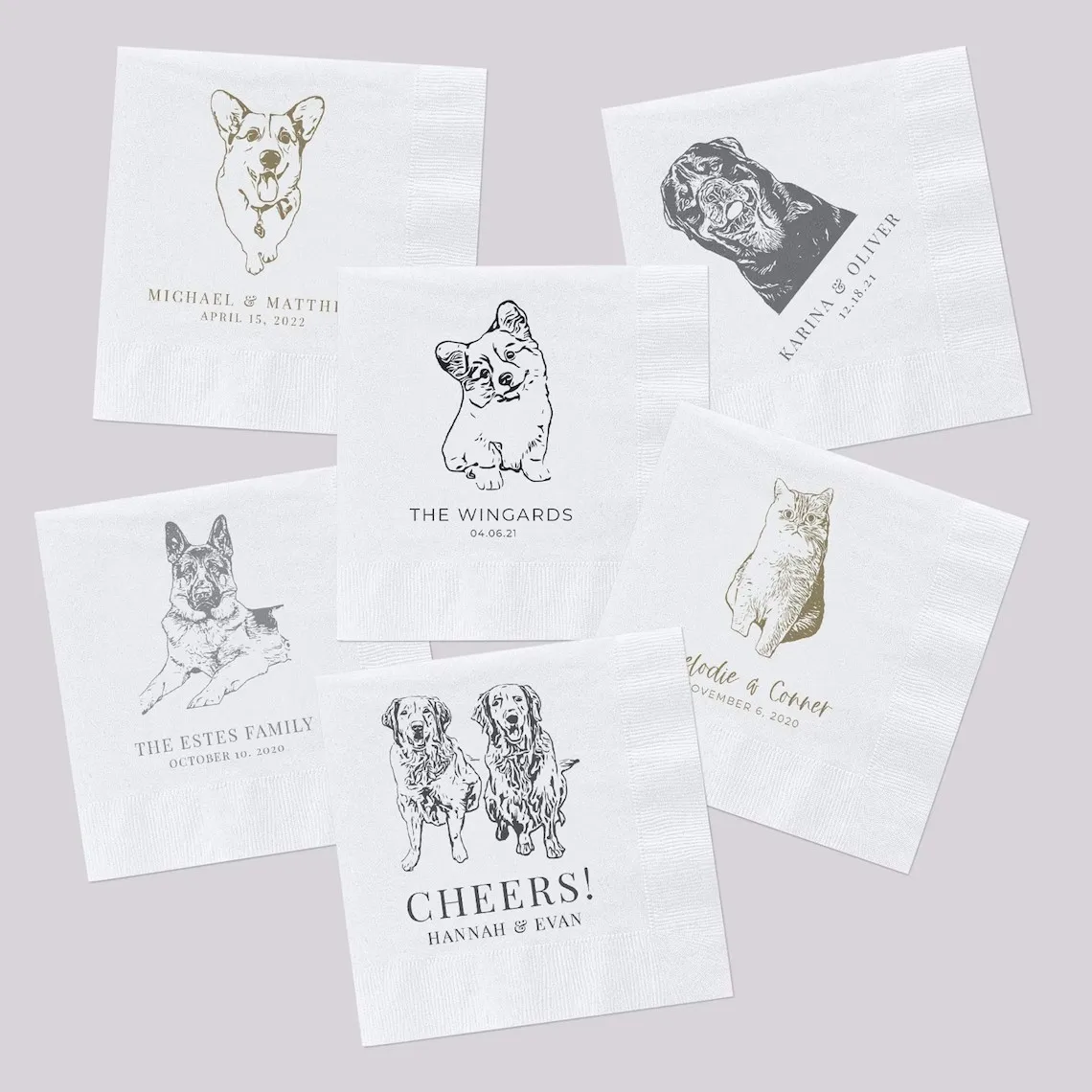 Personalized Pet Wedding Cocktail Napkins, Custom Wedding Napkins, Dog