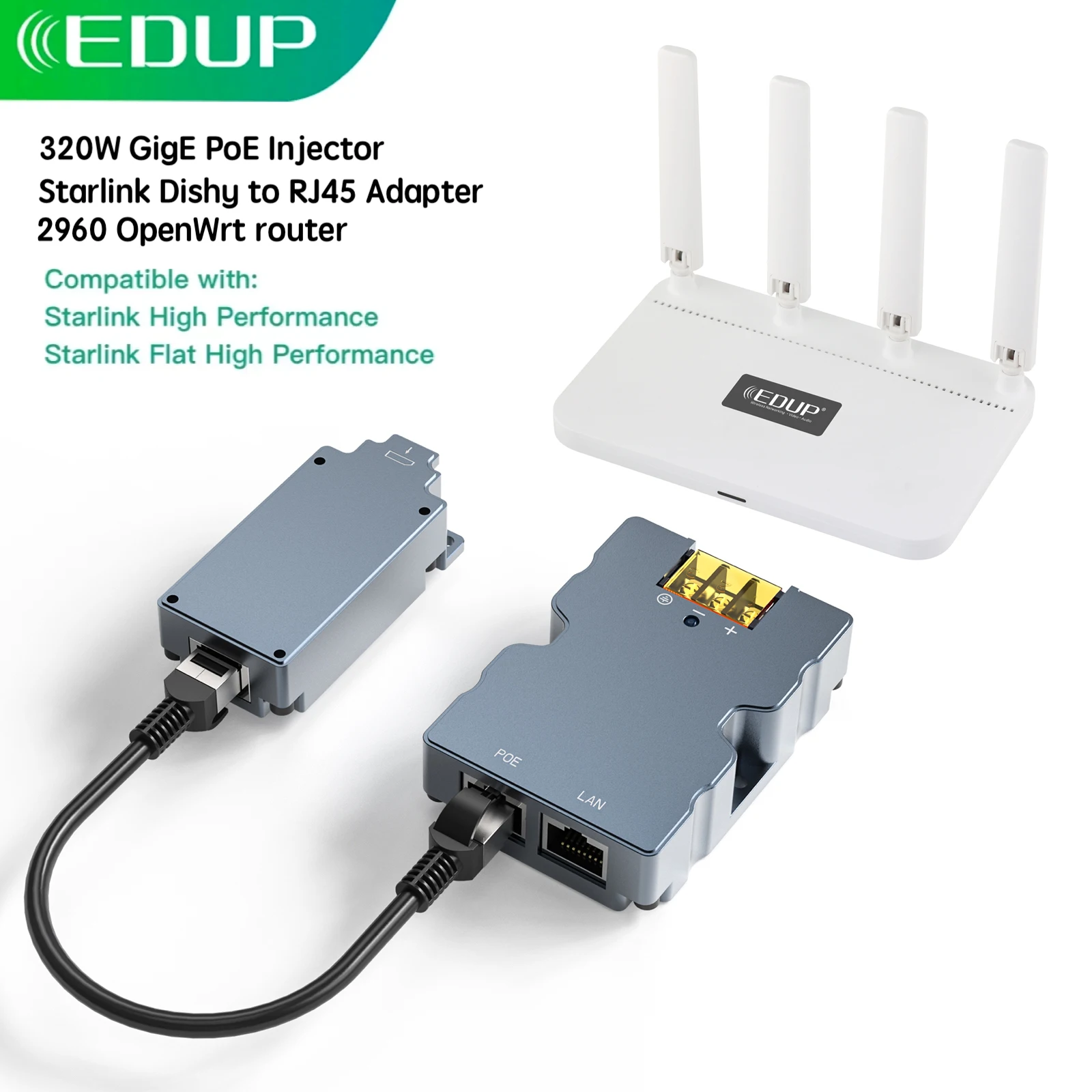 

EDUP 320W PoE Injector with Openwrt router DC48V Dish to RJ45 Adapter Kit for Starlink Flat High Performance or High Performance