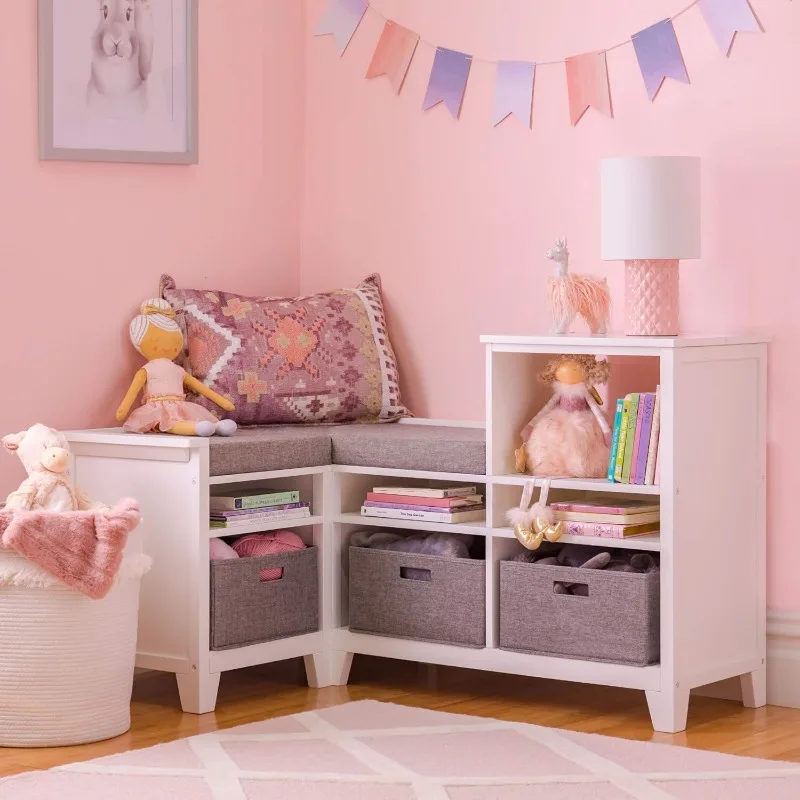 Martha Stewart Kids' Corner Nook - Creamy White: Wooden Storage Bench Bookcase Organizer with Seat Cushion and Fabric Bins 2