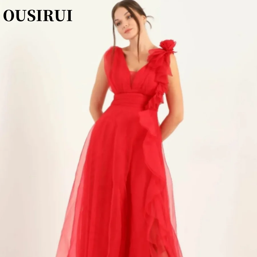 

OUSIRUI A-Line Organza Backless Floor Length Evening Dress Elegant Long V-Neck Red Prom Dresses Vestidos de noche for Women