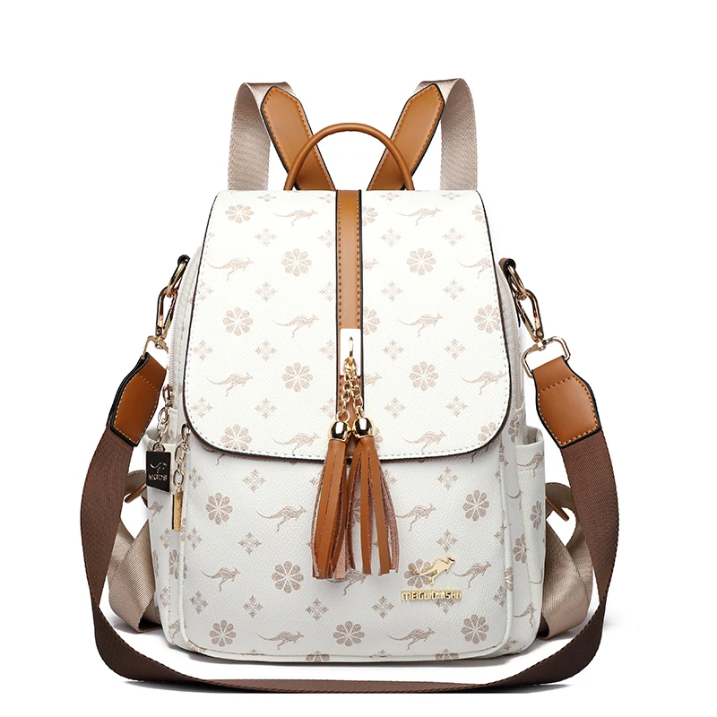 thumbnail image 1 of Mochila de diseñador para mujer, de piel de alta calidad, con estampado de lujo y borlas, para la escuela, de gran capacidad, 1 of 5