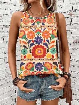 Women's Floral Print Vest, Round Neck Sleeveless Design, Casual Summer for Daily Wear, Loose-Fitting Boho Style
