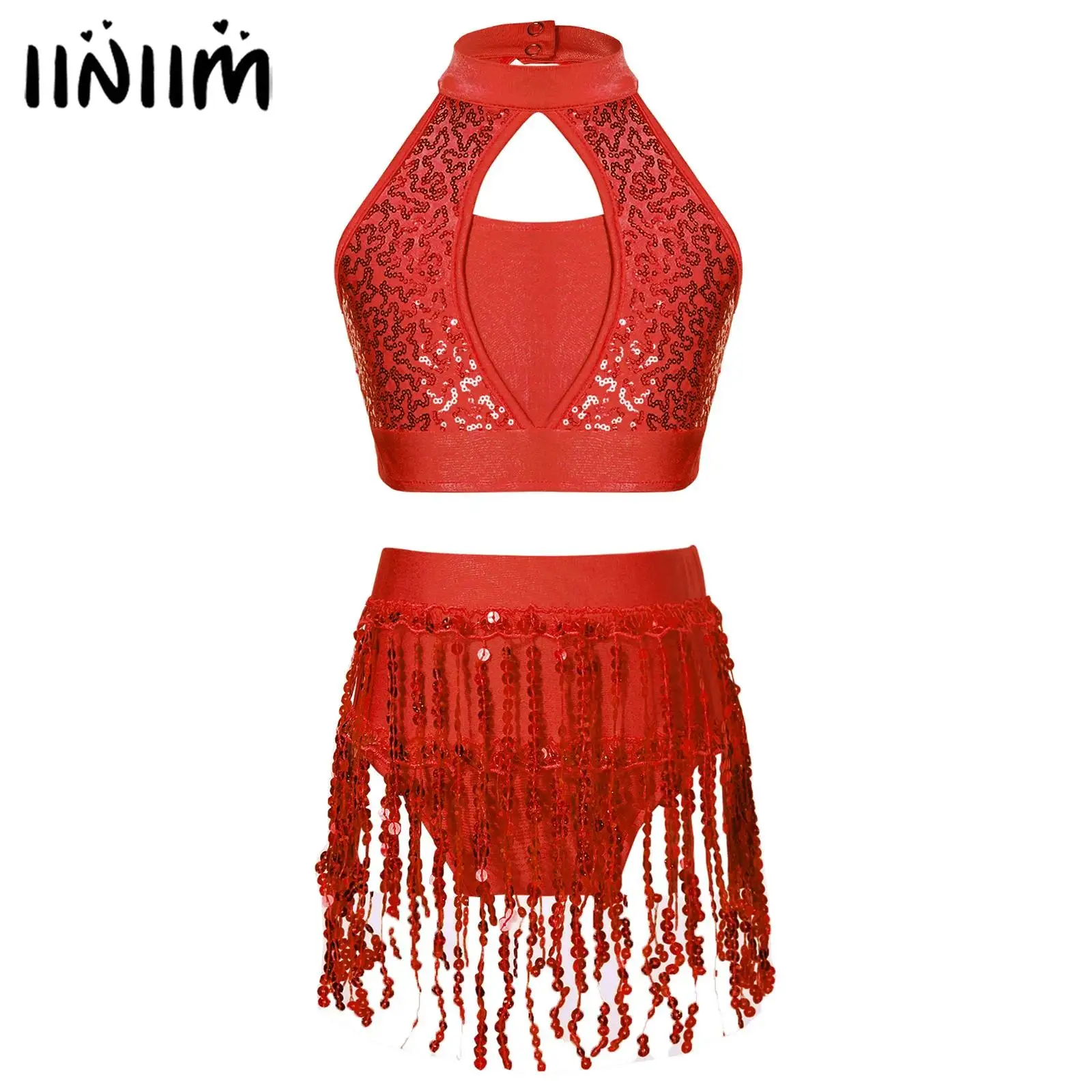 

Детское платье для латиноамериканского танца с блестками и бахромой для девочек, кроп-топ с юбкой, костюм для гимнастики и художественного катания на коньках, костюм для джазовых танцев