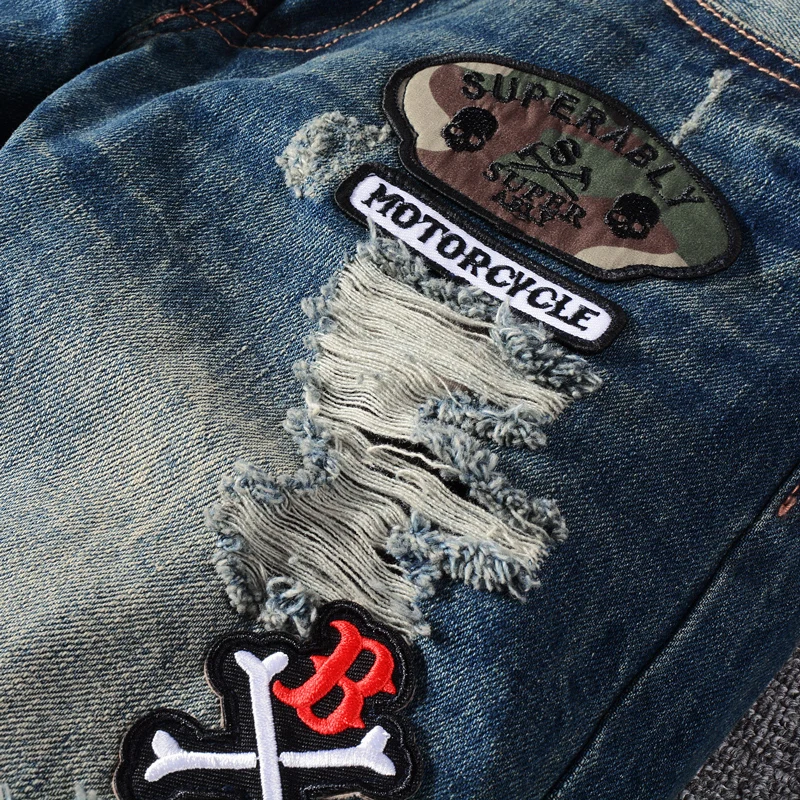 Summer Fashion Men Jeans Retro Blue Regular Fit Patches Designer Ripped Short Jeans Homme Street Style Hip Hop Denim Shorts Men