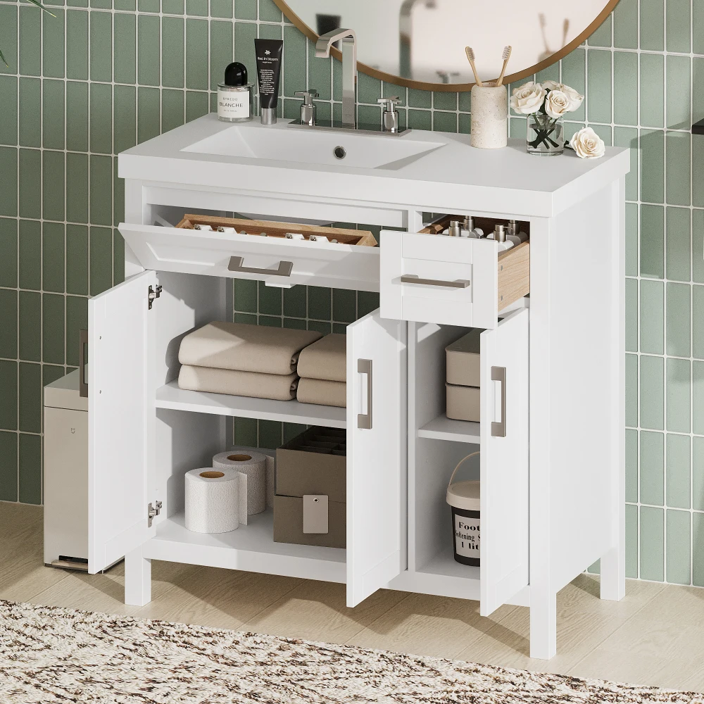 36" Black Bathroom Vanity Cabinet with Resin Integrated Sink - 2 Drawers, 3 Doors 4