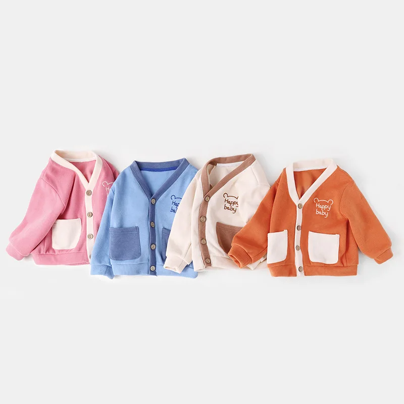 Ins Autumn Infant Baby Girl Cardigans Cotton Bear Embroidery Long Sleeve Toddler Girl Knitwear 0-4Y Girls Patchwork Pocket Coats