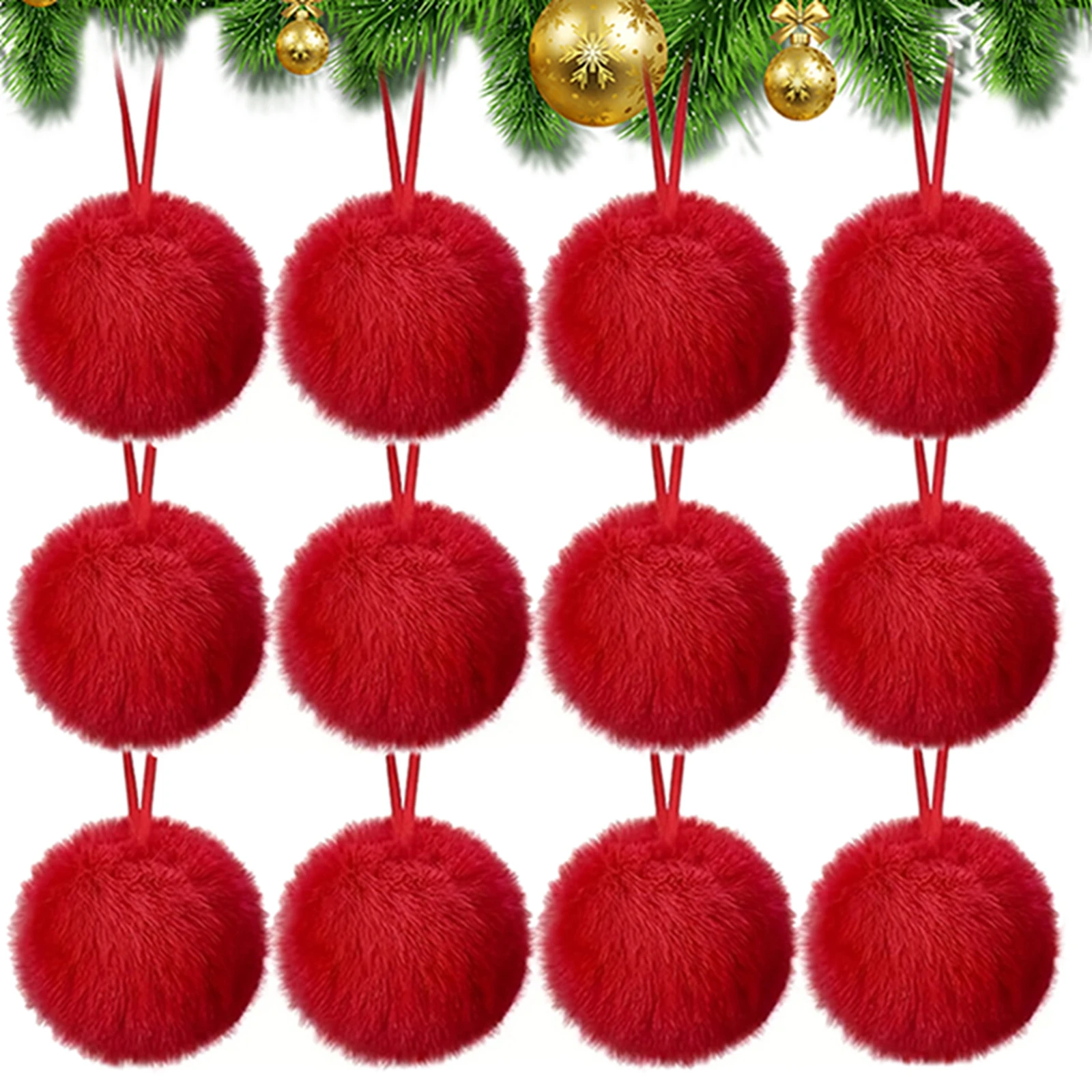 thumbnail image 1 of Juego de adornos navideños de bolas de peluche, 12 piezas de bolas decorativas rojas, verdes y rosas para árbol de Navidad, 1 of 5