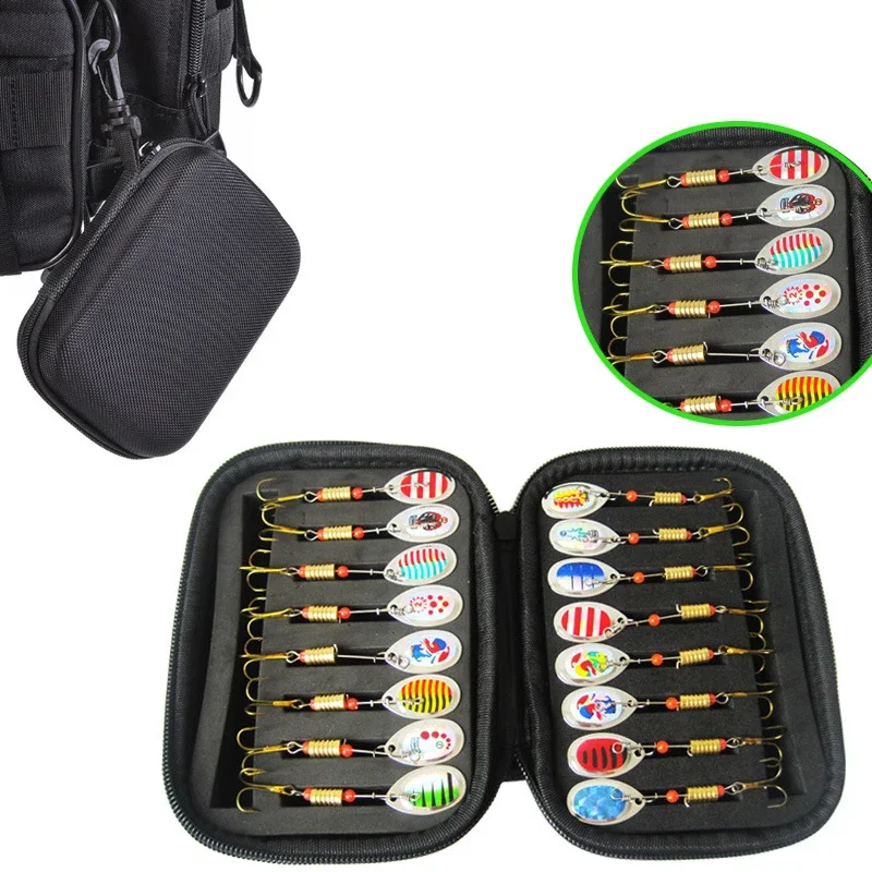 Portabale Fly Fishing Lure Spinner Spoon Bait Black Storage Box Professional 16 Slots Hard EVA Storage Case Container Bag