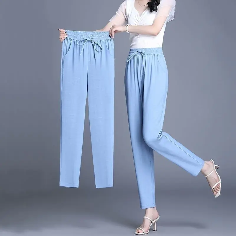 2024 Summer New Women's Solid Color Thin Jeans Korean Elastic High Waist Drawstring Pockets Loose Straight Harun Casual Pants