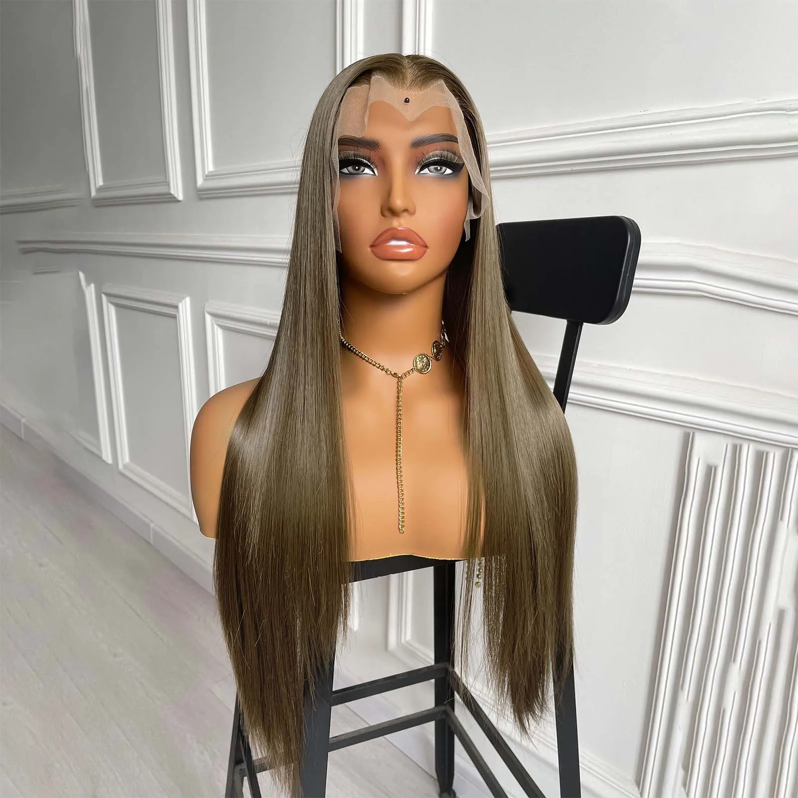 Synthetic Wig 13X4 Long Straight Synthetic Hair Lace Front Wig Natural Brown Brunette Colored Lace Frontal Wigs for Women