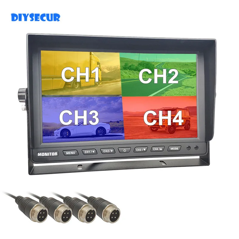 DIYSECUR 10.1inch AHD IPS 4CH 4 Split Quad Screen Display Rear View Car HD Monitor for 1080P 720P AHD CVBS Car Camera