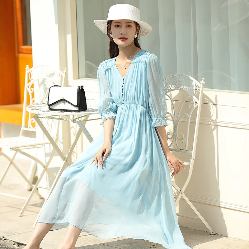 

2023 Summer New French Tea Break Super Fairy Silk Long Dress Sanya Holiday Blue Mulberry Silk Blue Dress Girl 23E007