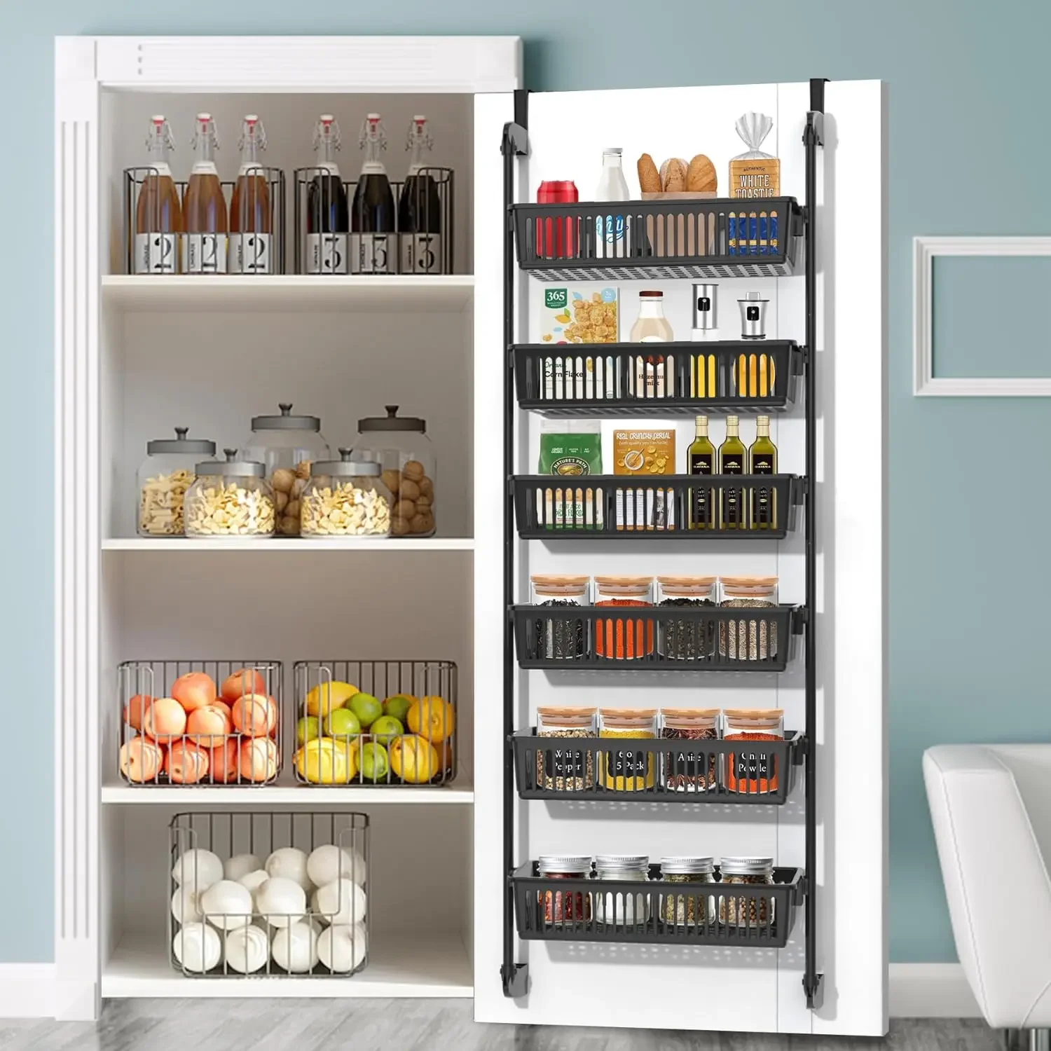 Pantry Door Organizer Over the Door Pantry Organizer with 6-Tier Adjustable Baskets Heavy-Duty Metal Wall Mounted Over 4