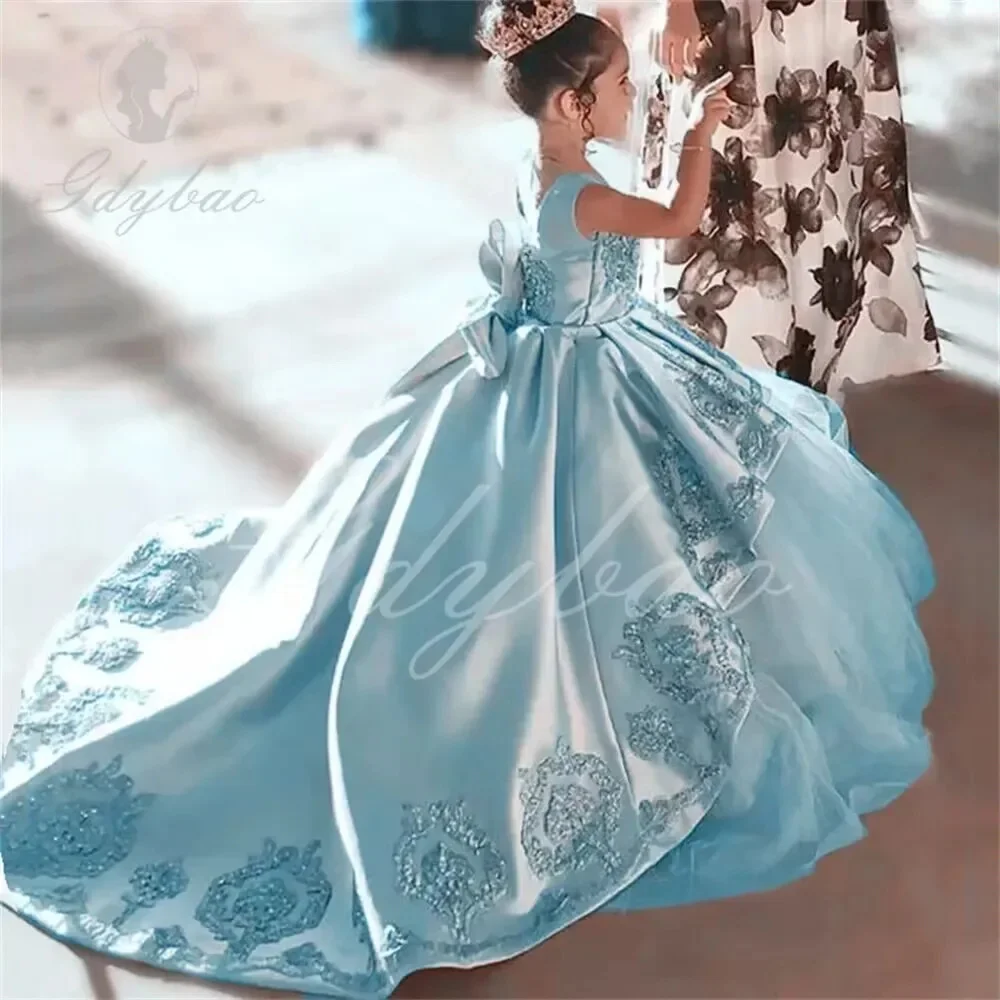 Green Flower Girl Dresses For Wedding Floor Length Appliques With Bow Kids Birthday Party First Communion Ball Gown