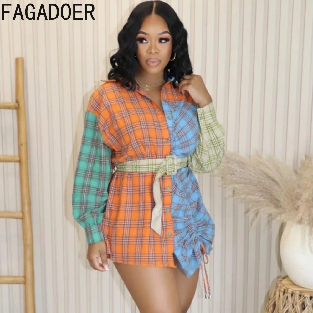 

FAGADOER Fashion Splicing Plaid Printing Mini Shirt Dresses Women Turndown Collar Button Long Sleeve Belt Slim Dress Vestidos