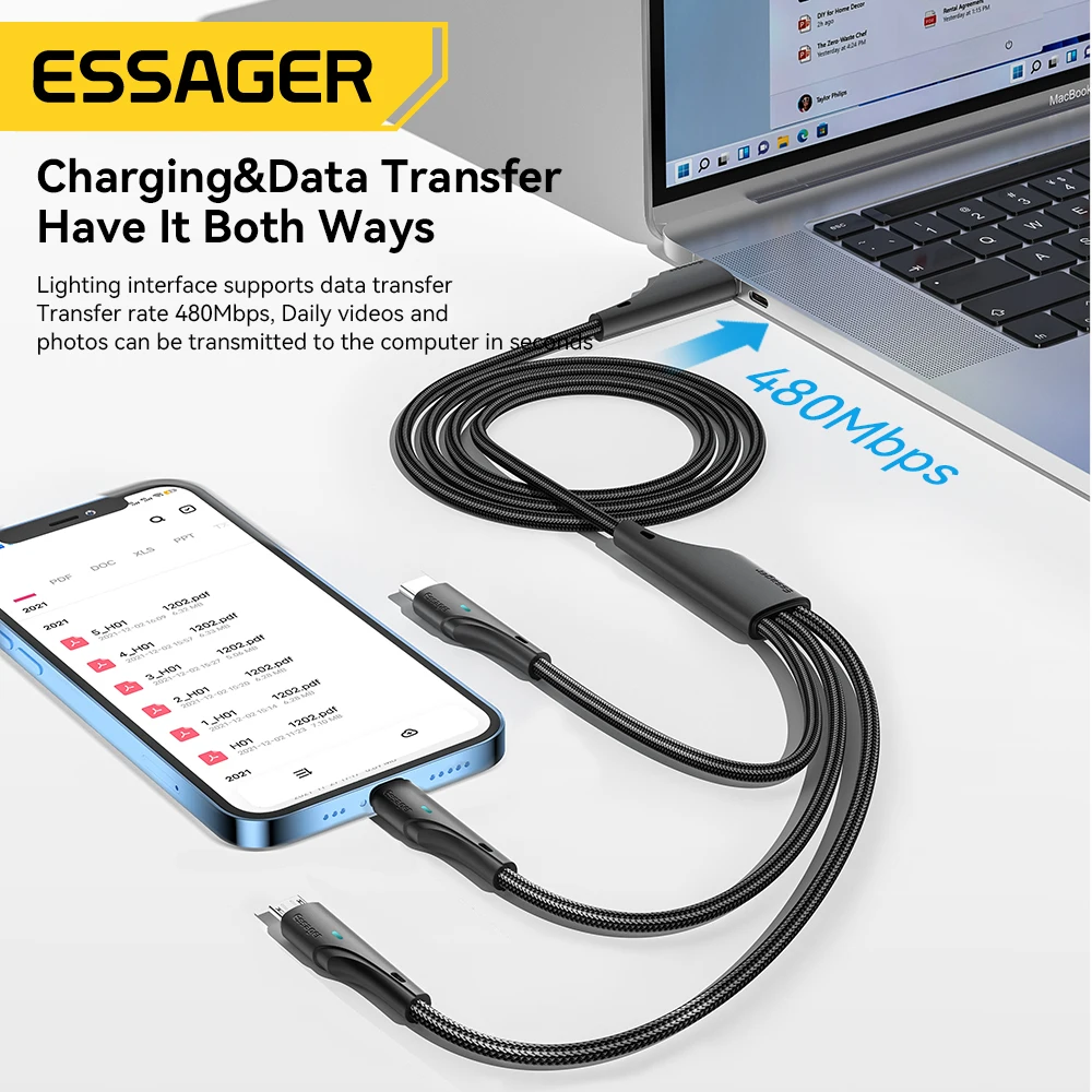Essager 3 in 1 USB Type C Cable Micro USB Wire Charger For iPhone 14 13 12 X Pro Max Samsung Xiaomi PCPO Mobile Phone Data Cord