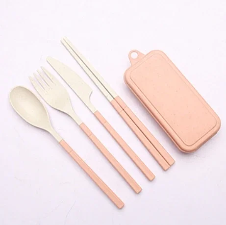 Wheat Straw Dinnerware Set Portable Tableware Knife Fork Spoon Chopsticks Set Travel Cutlery Eco-Friendly Utensil Box 4Pcs cutlery set,western style cutlery set,picnic cutlery set,picnic tableware,camping cutlery set