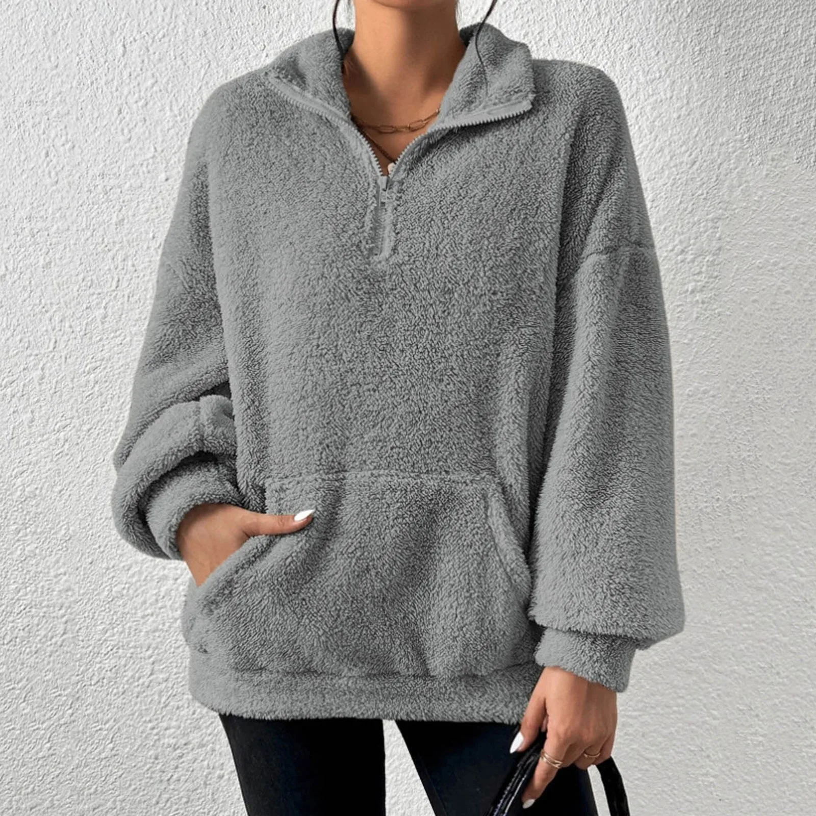 

Crop Sweatshirts Women Workout Women's Half Zip Big Pocket Drop Shoulder Teddy Sweatshirt Rambling Store