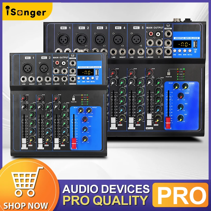 미니 오디오 D 믹서 사운드 보드 콘솔 시스템, 4/7 채널 팬텀 파워, USB MP3 스테레오 라이브 DJ 스튜디오 스트리밍용