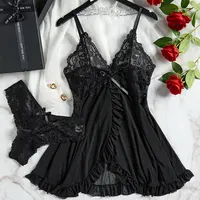 Ensemble de robe string semi-transparent pour femmes, dentelle de tulle, bretelles exquises, sous-vêtements à col en V, lingerie féminine, chemise de nuit Scottsdale 4