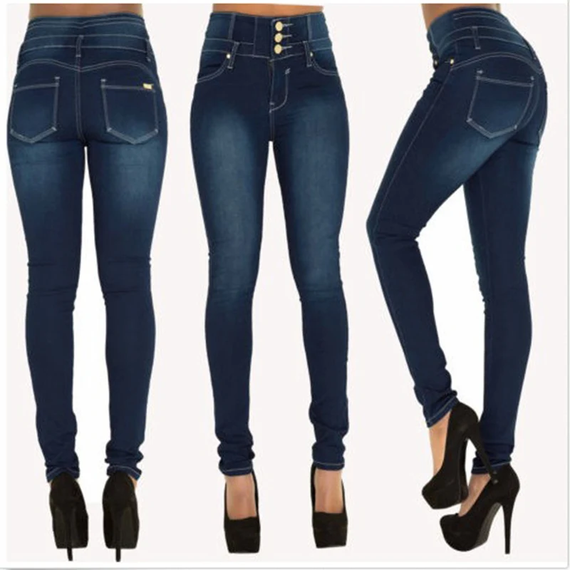 

Women Stretch High Waist Casual Skinny Slim Jeans Lady Black Pencil Long Pants Narrow Straight Leg Wrap Hips Button Trousers