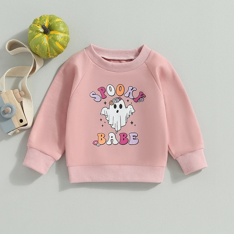 

2023-07-04 Lioraitiin 0-3Years Toddler Baby Girl Halloween Sweatshirt Long Sleeve Cartoon Ghost & Letter Print Pullover Tops