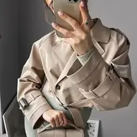 Women Fashion Belt Cropped Coat Long Sleeve Turn Down Collar Short Jacket Vintage Chic Double Breasted Trench Coats Lady Outfit 2
