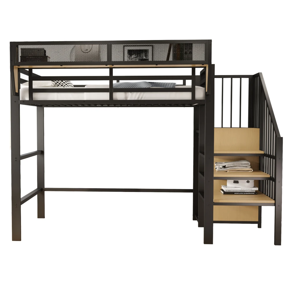 Schwarzes, robustes Metall-Hochbett 90x200cm mit Sicherheitsleiter & Staufächern, Bett für Kinder und Erwachsene, rutschfester, stabiler Rahmen – Detail 15