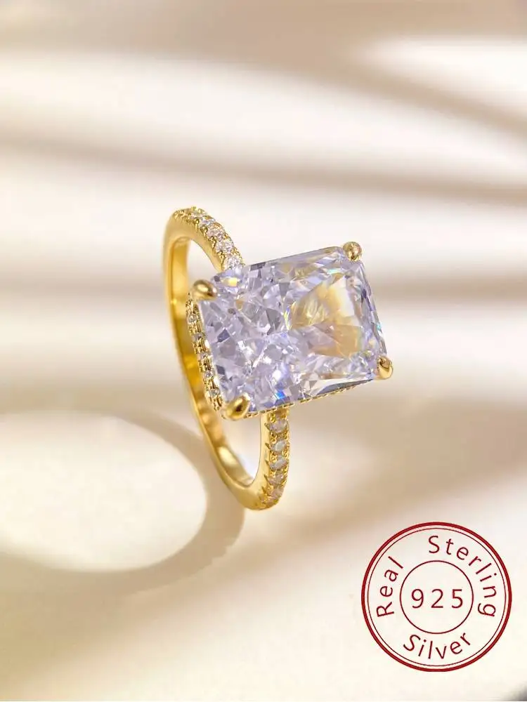 Precioso anillo de circón rectangular de Plata de Ley 925 de 4 quilates para mujer, compromiso, boda, romántico, joyería fina de lujo de alta calidad